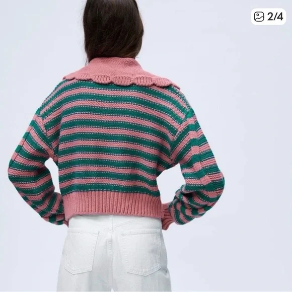 Zara Pink and Teal Striped Cowl Neck Sweater - Picture 4 of 8